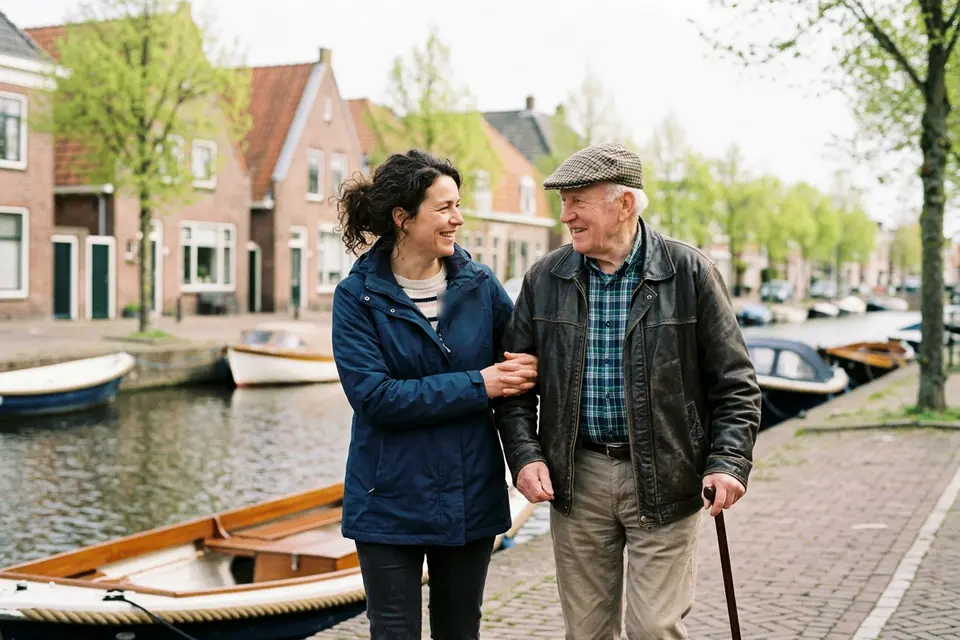 Een begeleider wandelt arm in arm met een oudere man met wandelstok langs een gracht in een Nederlands stadje